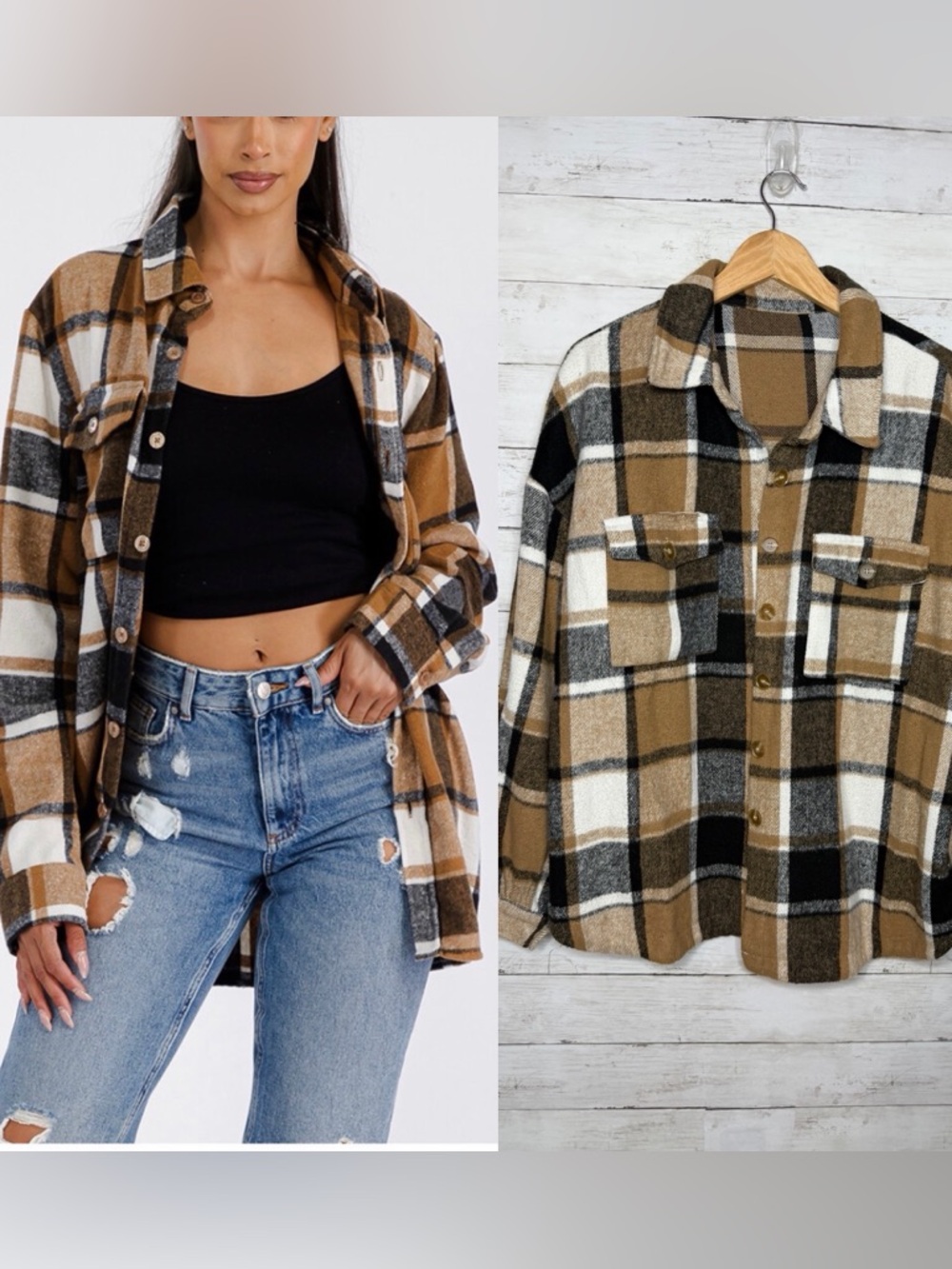 Brown Plaid Oversized Shacket Jacket Flannel size XL